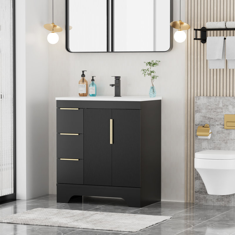 30" Mid-century Modern Single Bathroom Vanity Set With Resin Sink Top, Faucet, Assembly Required, 30", Black