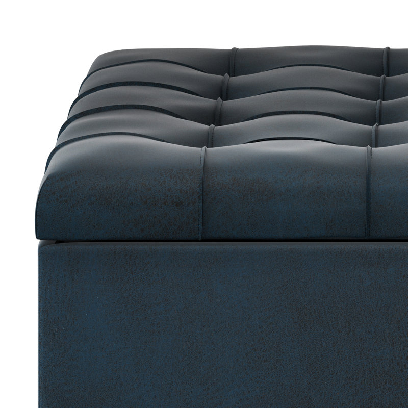 Distressed Dark Blue Tufted Faux Leather Cocktail Ottoman