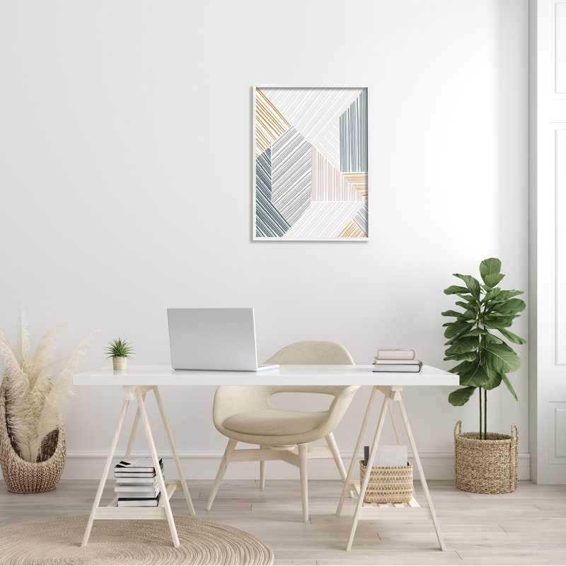 Motif de lignes abstraites modernes à deux dimensions, H 30 po x l 24 po x P 1,5 po, Giclée encadrée blanc bord de mer