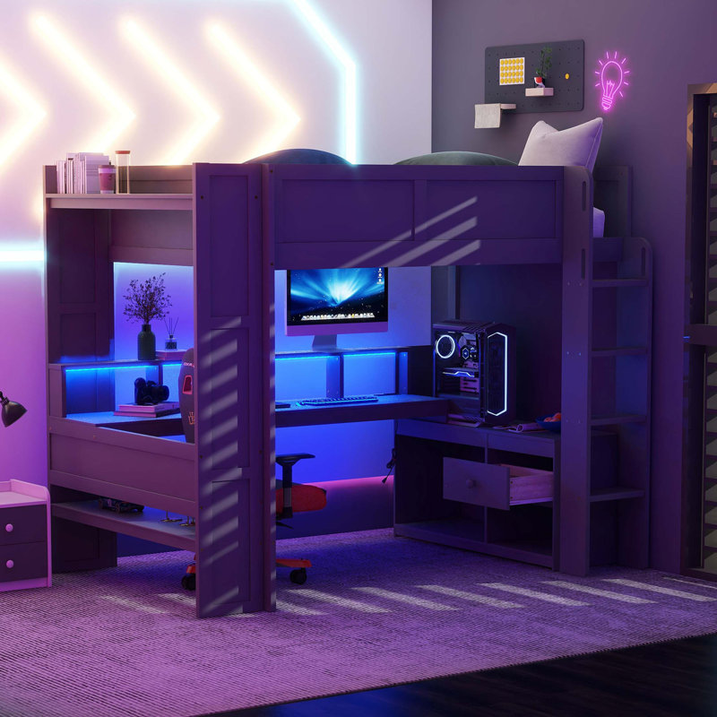 Lit mezzanine double en bois avec bureau, tablettes multiples, DEL et station de charge