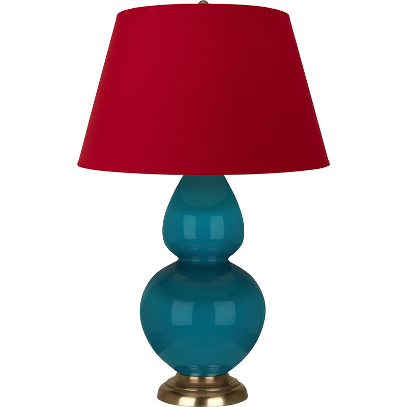 Lampe de table double gourde en céramique, Paon verni / laiton, Blanc cassé, Laiton