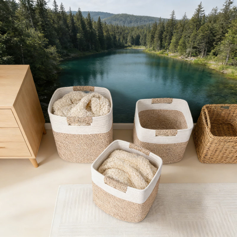 3-Pack Cube Storage Bins, 11 Inch Woven Organizer Baskets With Handles For Shelves, Closet, Nursery, Bathroom & Home Decor, Breathable Cotton Rope Material