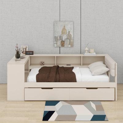 Lit plateforme simple avec tablettes, tiroirs et tête de lit tapissier