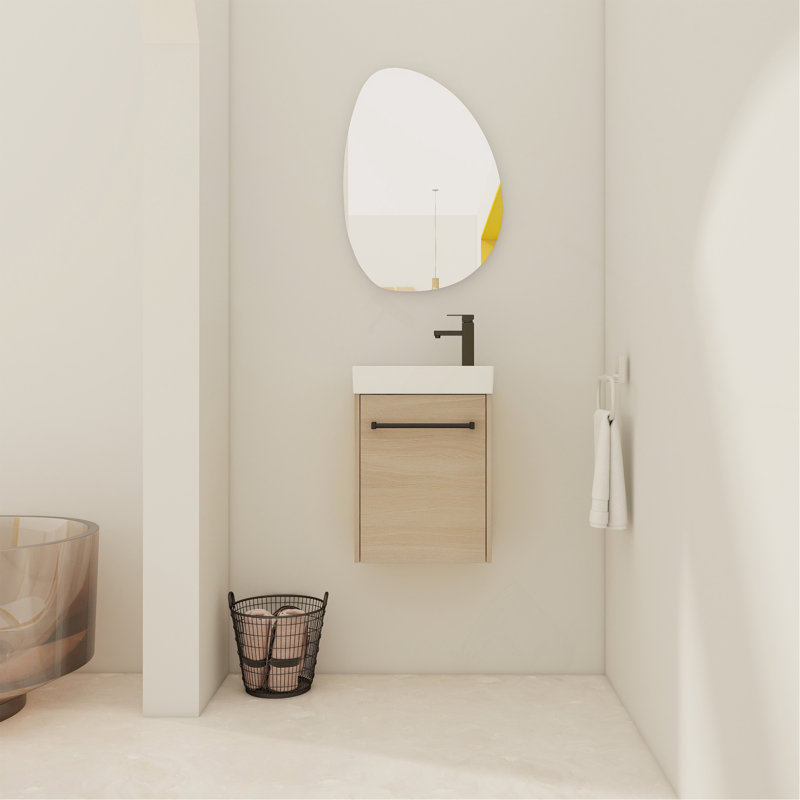 Meuble-lavabo mural 16 po avec lavabo en céramique et porte d'armoire à fermeture en douceur, pour petite salle de bain, 16"
