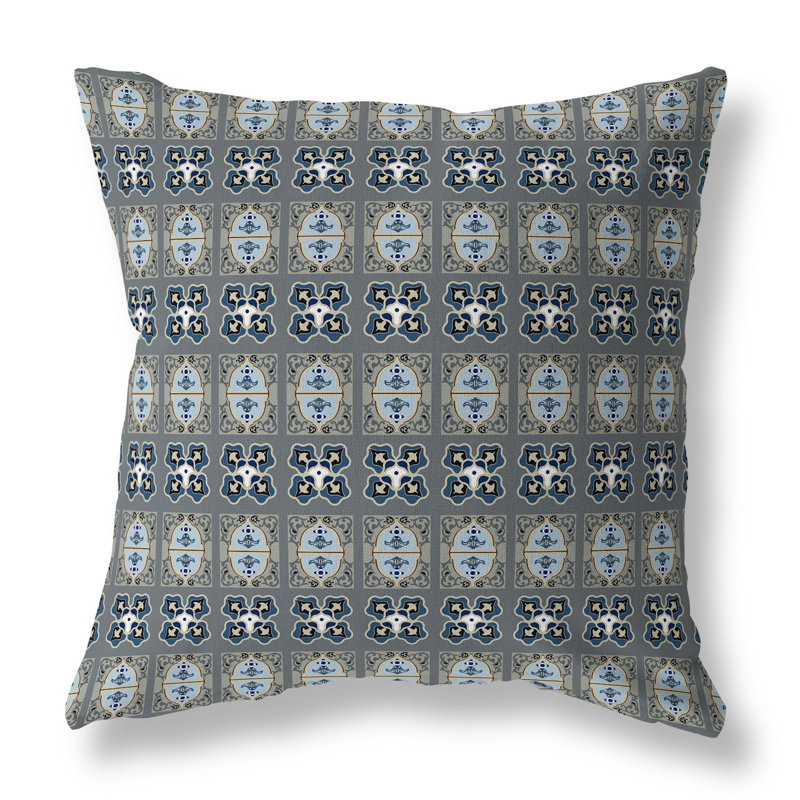 Coussin décoratif réversible intérieur / extérieur Darbari Dynasty, H 26 po x l 26 po, Gris / beige / acier