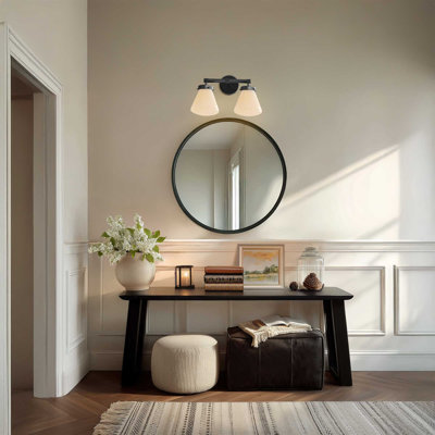 Applique murale à deux bras Dawn - en métal, verre et noir mat, blanc ivoire à intensité variable câblée 2 lumières pour salle de bain ou salle à manger de style moderne, Mid-Century et Contemporain