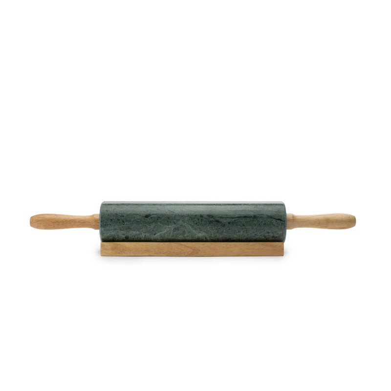 Green Marble Rolling Pin with Wooden Handles and Base