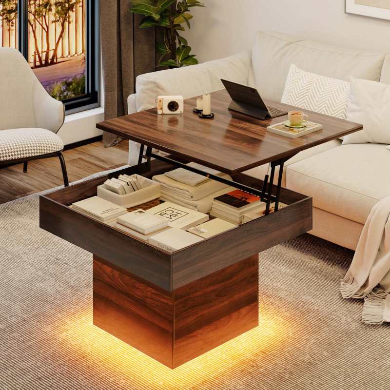 Lift Top Coffee Table With LED Lights & Hidden Storage, 35.4" Modern Square Center Table With Lifting Top, High Gloss Storage Cabinet For Living Room, Bedroom, Home Office