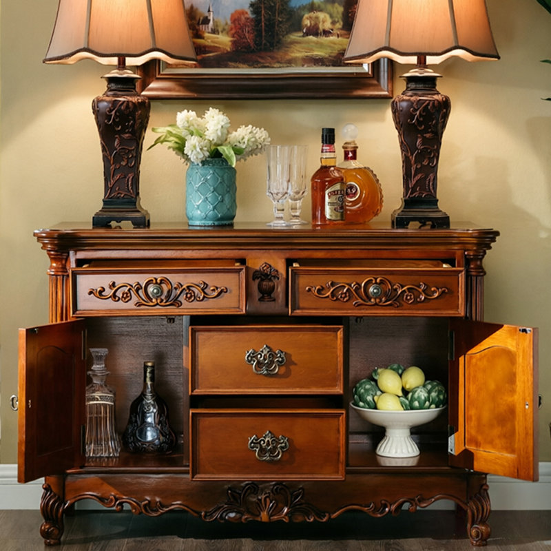 Buffet 47,24 "en bois d'hévéa massif brun avec 2 portes et 4 tiroirs, 29.72" H x 47.24" W x 15.75" D