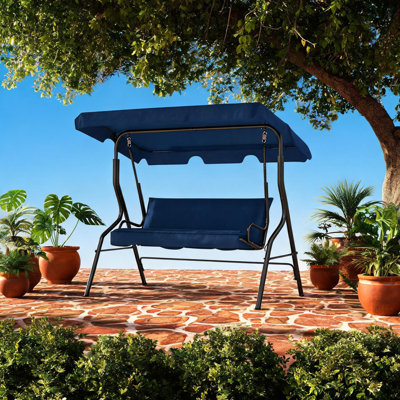 3-Seat Outdoor Patio Swing Chair, Heavy-Duty Steel Porch Swing with Adjustable Canopy & Striped Cushions for Garden, Backyard & Poolside, Blue