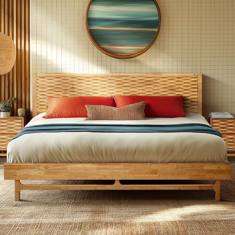 Gerrell Solid Wood Platform Bed Frame with Sculpted Spearhead Headboard – Mid-Century Modern Style, 800lbs Capacity, All Mattress Support, No Box Spring Needed