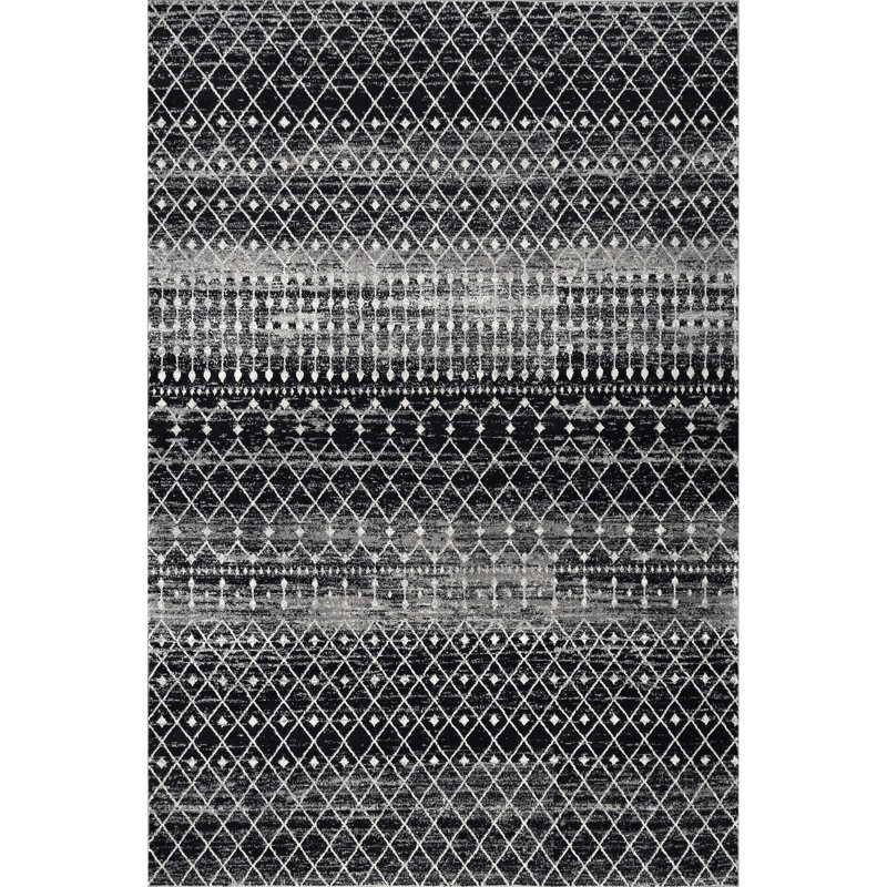 Tapis noir à motif marocain tissé à la machine Amandine, Rectangle 4 pi x 6 pi