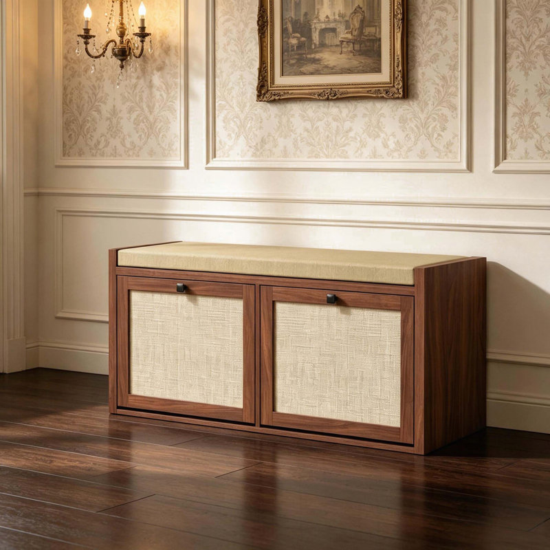 Banc de rangement pour chaussures avec portes en rotin PE