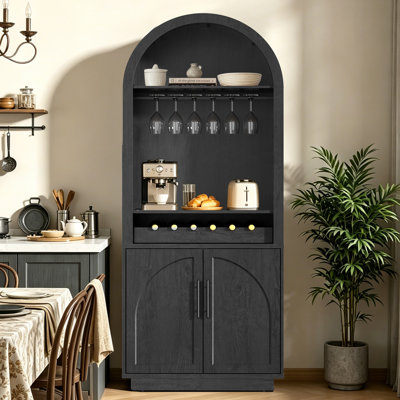 Arden 79" Tall Arched Pantry Cabinet with Coffee Bar, Charging Station, LED Lights and Wine Storage