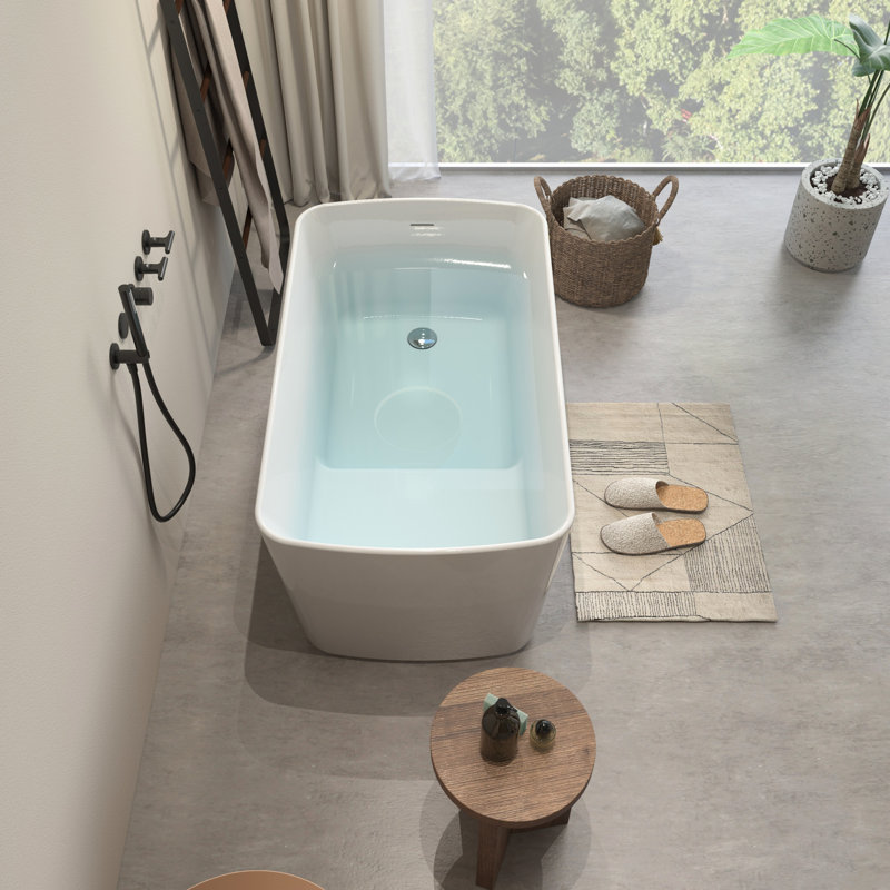 Square - Shape 49'' Glossy Acrylic Freestanding Tub, Drain, Comfortable Seated Soaking, 55 Gallons Capacity, Overflow, Capacity