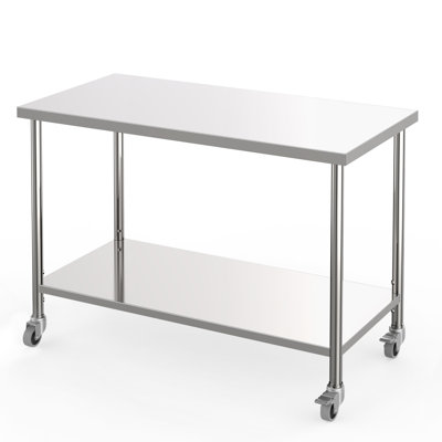 Table de travail commerciale robuste en acier inoxydable – Plan de travail à 2 niveaux avec tablette inférieure réglable – Table utilitaire de restaurant certifiée NSF – Argent – ​​122 x 61 x 89 cm – Avec roulettes