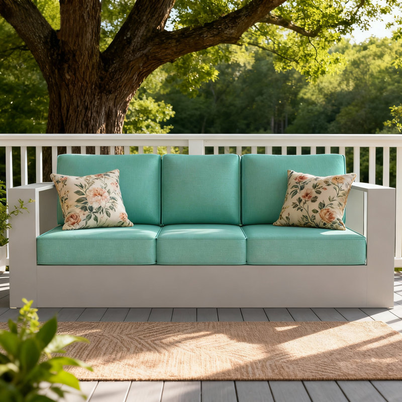 Modern Outdoor Aluminum 3-seater Sofa With Cushions, Teal Cushion/White Frame