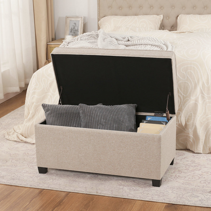 32" Rectangle Storage Ottoman Bench With Linen Upholstered, Beige