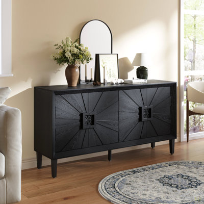 60" Premium Rustic American Farmhouse Credenza In Elegant  - Symmetrical Sunburst Door Design, Heavy-Duty TV Stand With Adjustable Shelves Wood Storage Cabinet