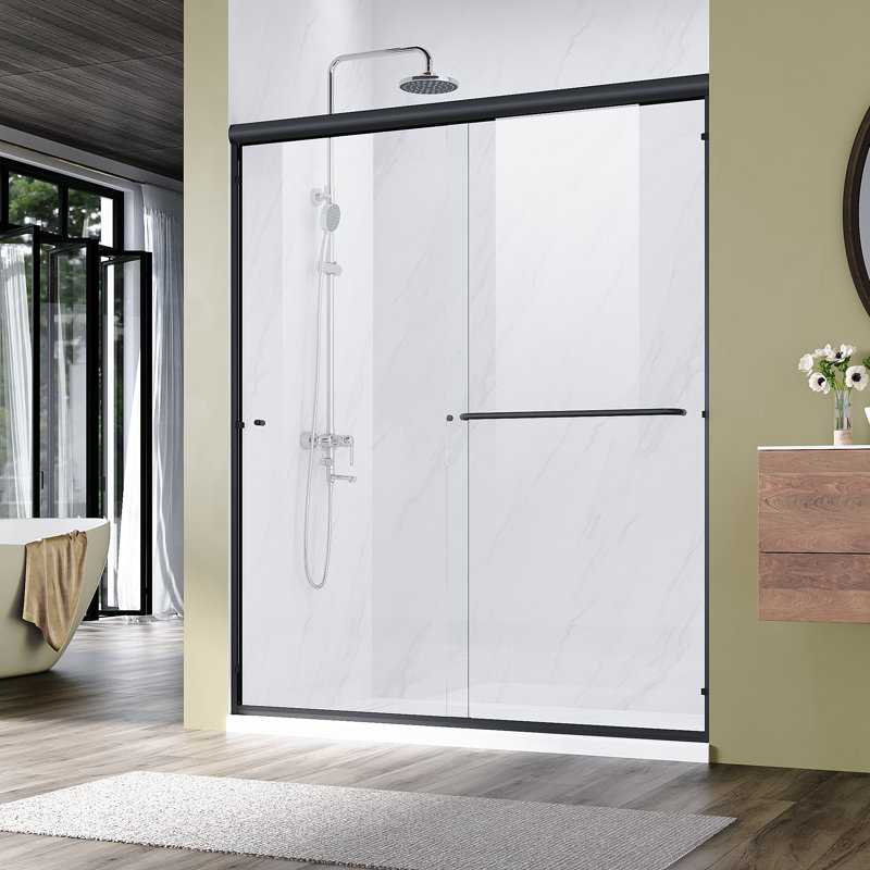  Porte de douche réversible double coulissante avec verre trempé transparent de 6 mm de largeur, l 60 po x H 72 po, Clair