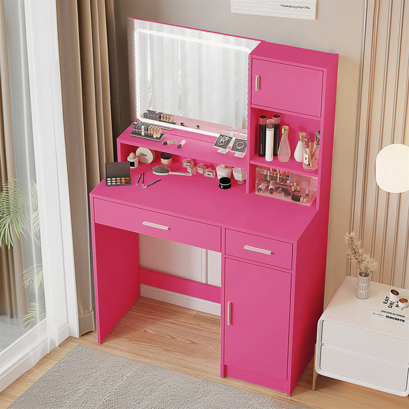 Bureau de coiffeuse avec miroir et commode de rangement à trois niveaux avec grand tiroir, Rose rose