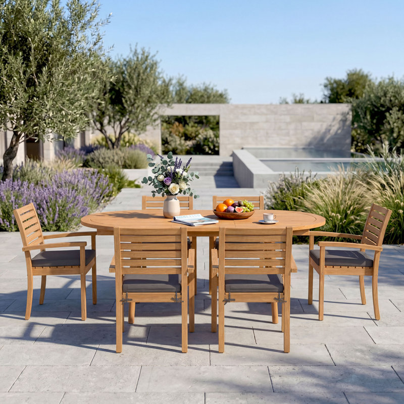 Outdoor 6-person Solid Wood Dining Set With Cushions, Dark Gray