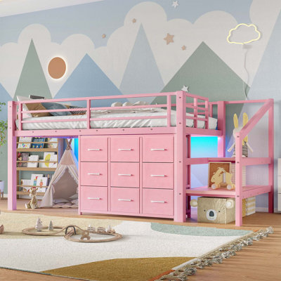 Twin Low Loft Bed with Multi-Storage Spaces, Including Fabric Drawers, Fabric Shelves, Storage Stairs, and Integrated Lights, Ideal for Small Rooms