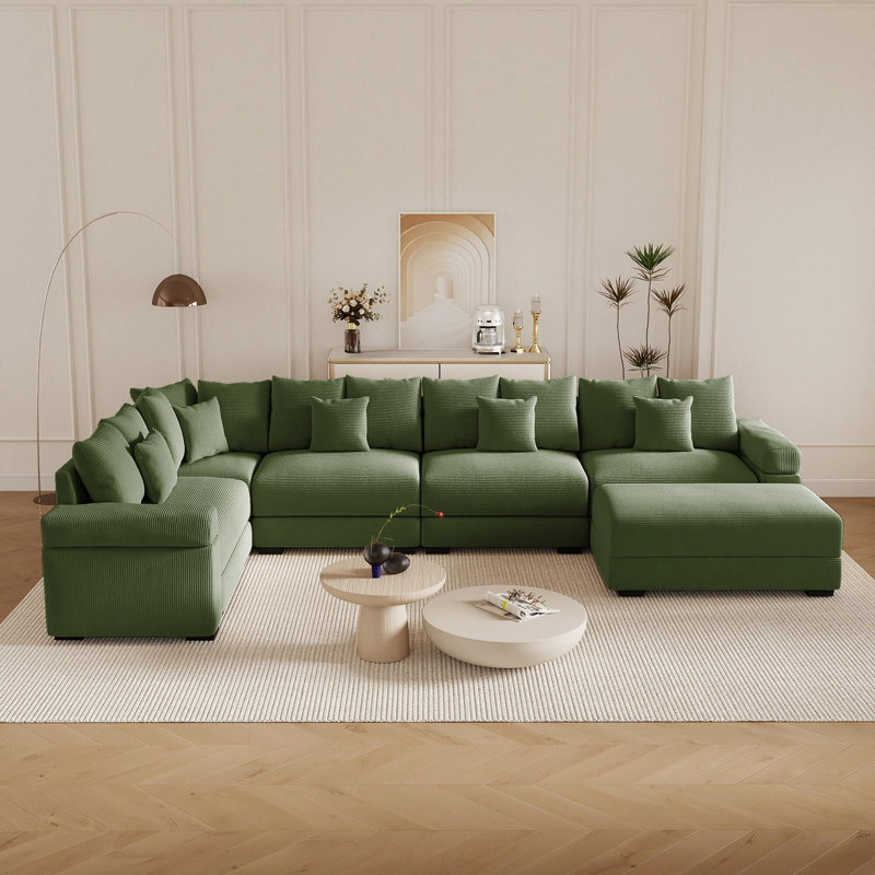 154" Oversized Corduroy L-Shape Sectional Sofa with Ottoman, Green Corduroy