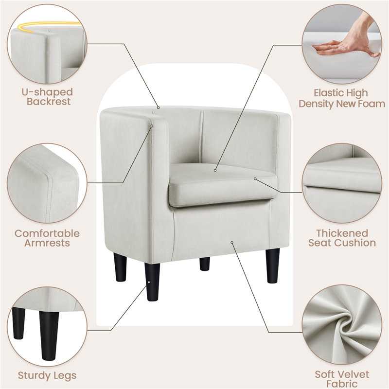 Barrel-Shaped Upholstered Velvet Chair, Beige Polyester Blend
