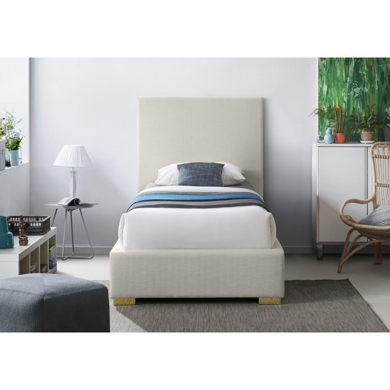 Lit plateforme tapissier Hermond, Simple, Tissu texturé en lin beige