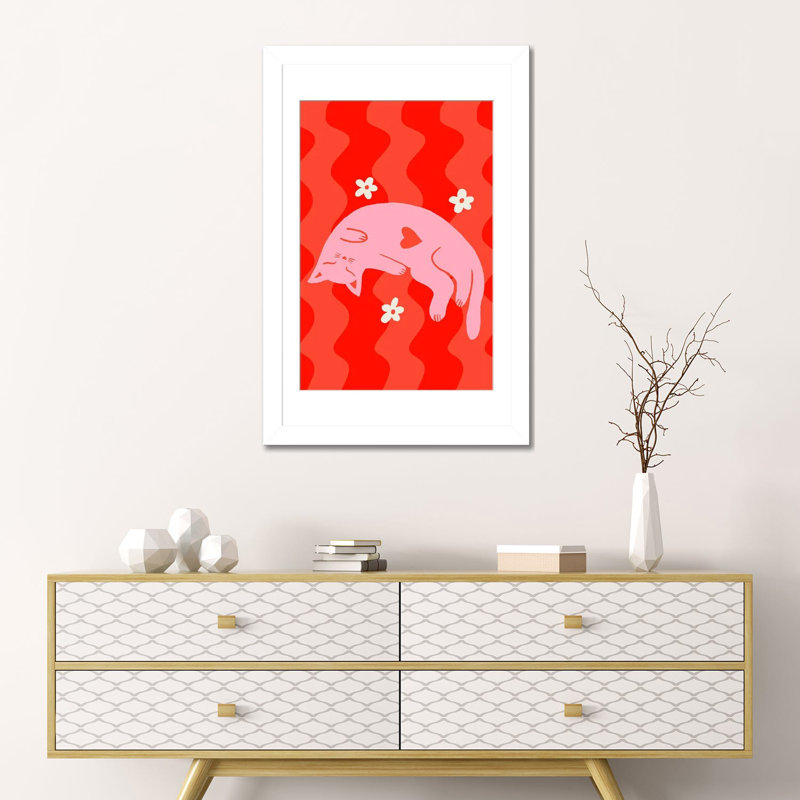 Chat endormi rose sur fond ondulé - impression d'art mural - papier d'art encadré, H 24 po x l 16 po, Blanc
