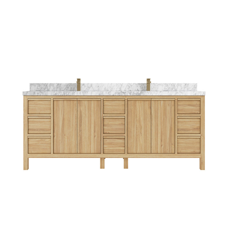 Elizabeth 84" Light Brown Teak Double Sink Bathroom Vanity with Calacatta Quartz Top