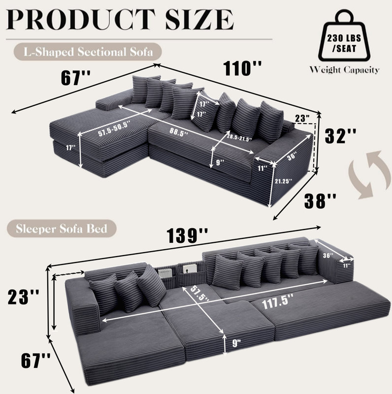 Oversize Cloud Sectional Couch, L-Shape Sofa, Convertible Floor Sleeper Sofa Bed, No Assembly, Eight pillows, 3-in-1, Side Pocket,(Left Facing Sofa), 4 Seat, Corduroy