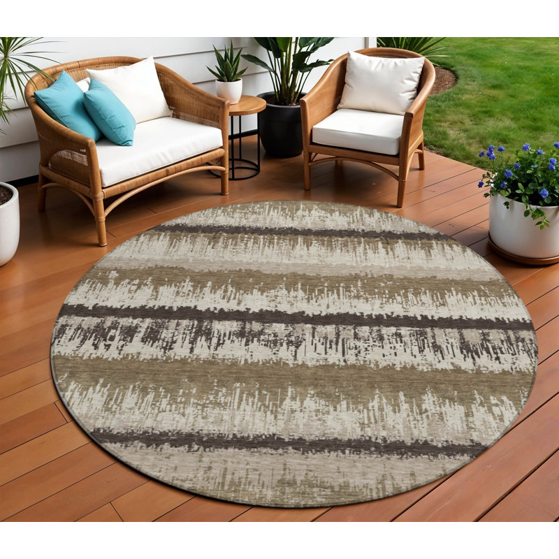 Tapis d'intérieur rond lavable rayé brun 8 pi