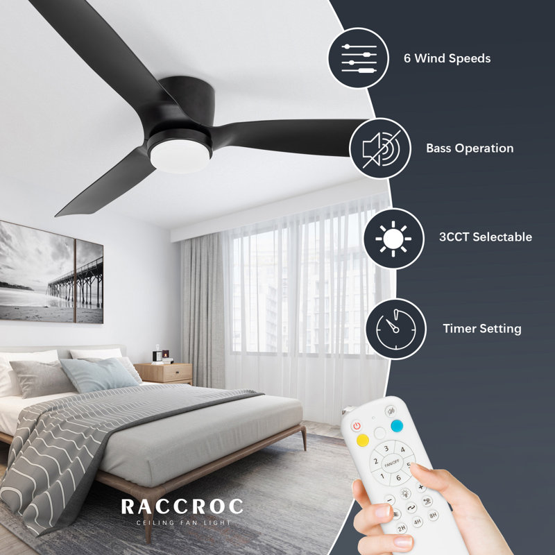 Flush Mount 52 Inch Morden Black Ceiling Fan With Light And Remote Indoor/bedroom/apartment