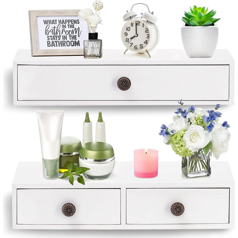 Ensemble de 2 tables de chevet flottantes avec tiroir - tiroir flottant mural en bois rustique avec tiroir pour salon, chambre à coucher, cuisine, décoration murale, rangement, présentoir - blanc