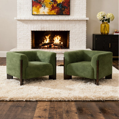 Fauteuil moderne en chenille verte capitonnée, design incurvé, accoudoirs, pieds en bois massif (lot de 2)
