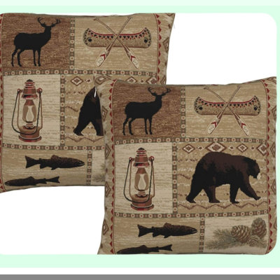 Country Charm Velvet Pillow Covers - Set of 2 | Farmhouse Decorative Throw Pillows | Soft Cushion Cases with Wooden Boat, Fish, Bear, Deer & Lantern Designs | Square Pillowcases