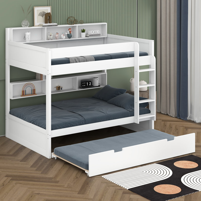 Lit superposé avec lit gigogne et tablettes de rangement, lits superposés en bois avec échelle, Blanc