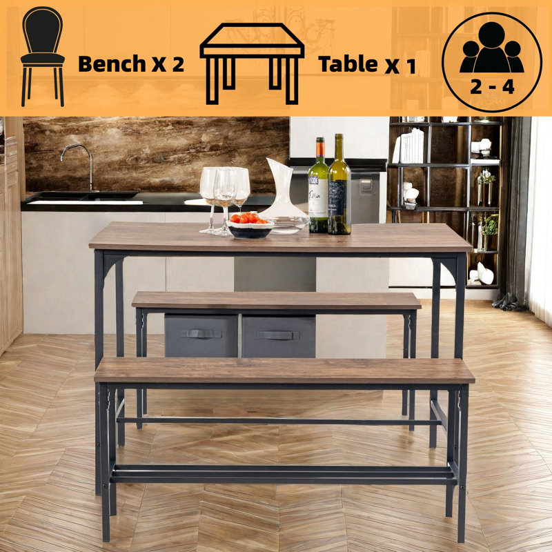 Ensemble de table de salle à manger et de banc, ensemble rétro 3 pièces avec 2 bancs de rangement pour 4 personnes, pour la cuisine et le café