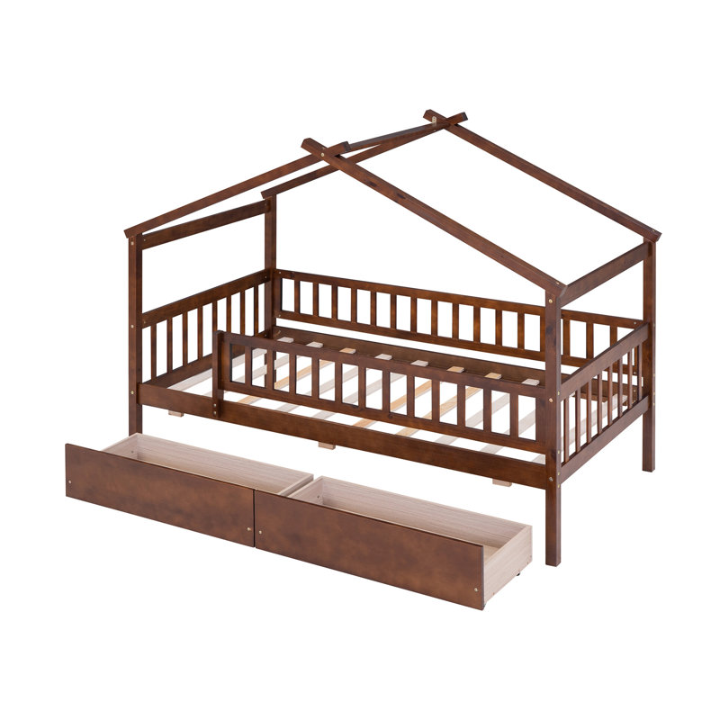 Lit simple en bois avec deux tiroirs, noyer, Noyer, Lit simple