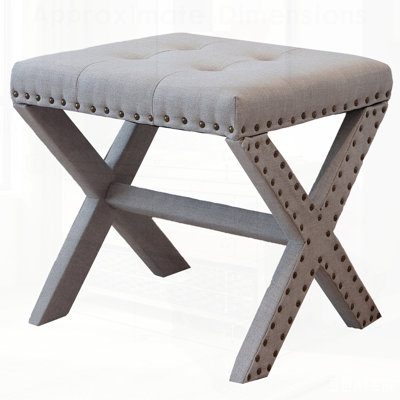Tabouret d'appoint, chaise capitonnée en lin avec assise en bois à piètement en X et garniture cloutée, pour intérieurs modernes et classiques