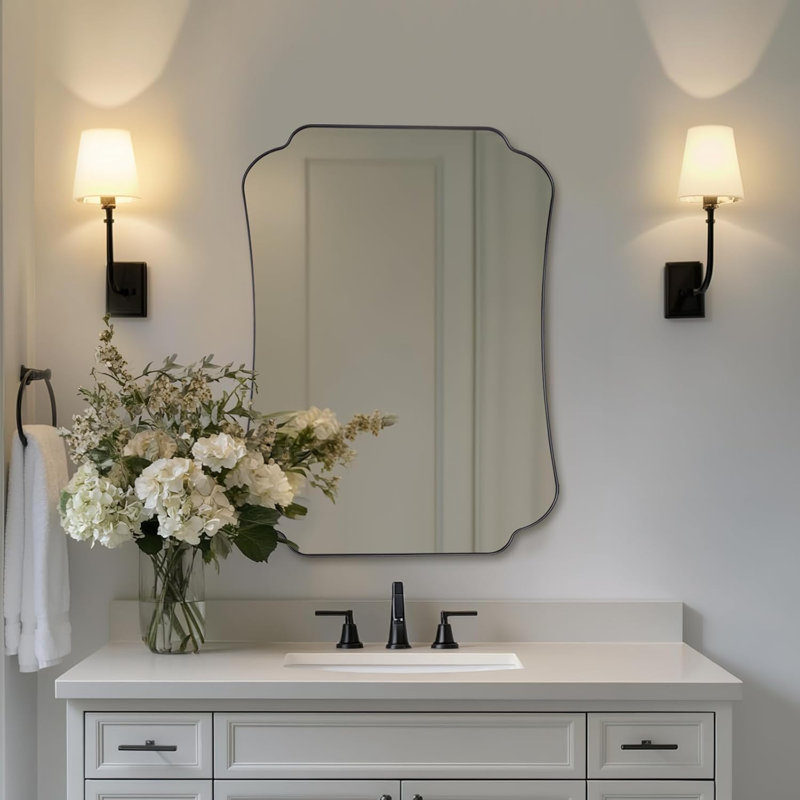 Miroir de salle de bain Contemporary Cadre en acier inoxydable, 32 po x 24 po, Noir mat