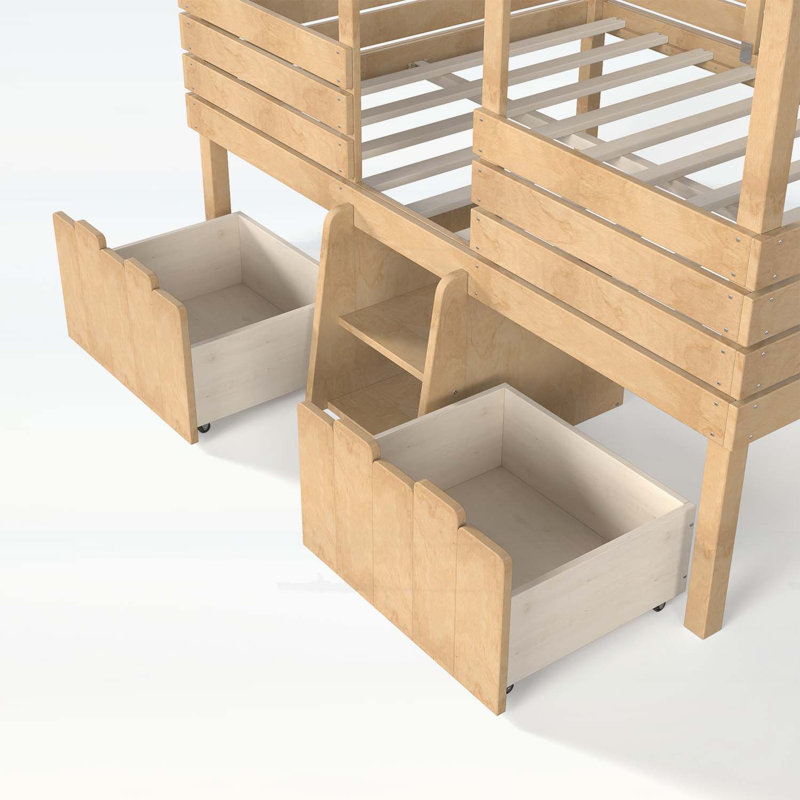 Lit double mezzanine double avec de jolis escaliers et 2 grands tiroirs de rangement, conception enfantine, aucun sommier tapissier, style campagnard, finition naturelle