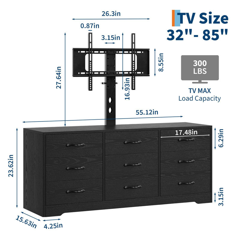 Meuble télé avec support, meuble télé 9 tiroirs en bois avec réglage pour téléviseurs de 32 à 85 po, grand meuble multimédia pour salon, chambre à coucher
