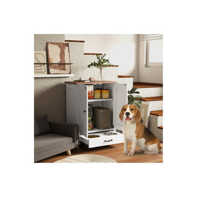 Dog Feeding Station, Dog Food Storage Cabinet With Hidden Dog Bowls, Adjustable Panel, Hooks For Medium Sized Dogs