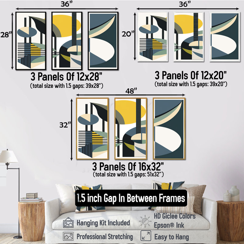 Impression rétro sur toile Mid-Century Vintage I - 3 pièces, Cadre flottant noir, H 28 po x l 36 po x P 1 po