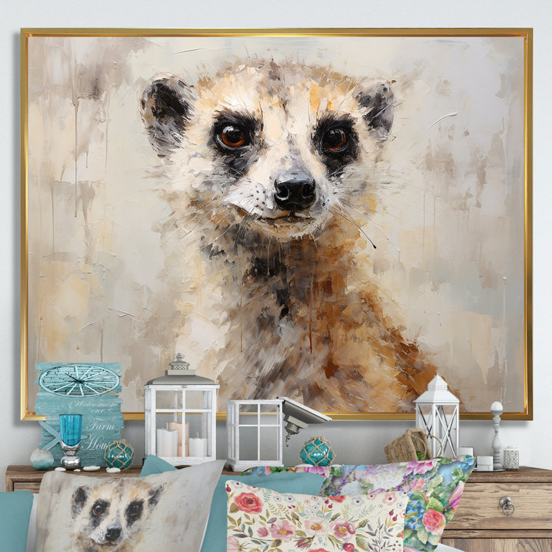 «Cute Meercat Portrait III», reproduction sur toile, Cadre flottant doré, H 30 po x l 40 po