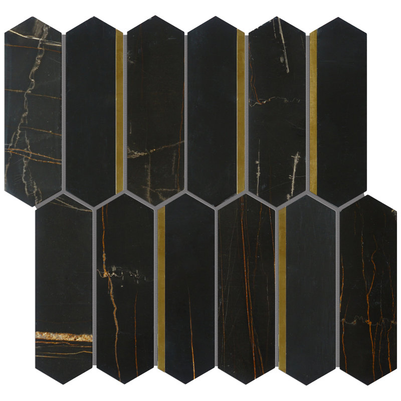 Carreau de mosaïque en marbre poli 11,23 po x 11,62 po Natural Dorato, Noir / or