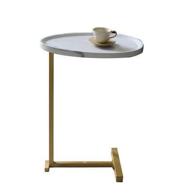 C-Shaped Sofa Side Table with Round Wood Top & Gold Metal Frame, Space-Saving Accent Table for Snack, Coffee, Laptop, Living Room, Bedroom or Bedside